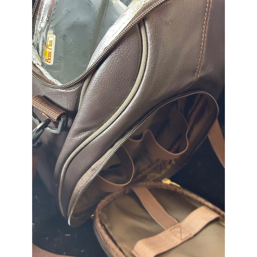 Picnic Plus Brown Faux Leather Insulated Wine Bottle Carrier Sling Bag Travel